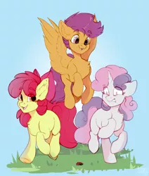 Size: 1468x1734 | Tagged: safe, artist:shini951, derpibooru import, apple bloom, scootaloo, sweetie belle, earth pony, insect, ladybug, pegasus, pony, unicorn, apple bloom's bow, bow, chest fluff, cutie mark crusaders, ear fluff, female, filly, floppy ears, grass, hair bow, happy, image, jpeg, scared, scootaloo can fly