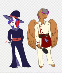 Size: 642x752 | Tagged: safe, artist:draksodia, derpibooru import, oc, oc:double light, oc:snowi, anthro, pegasus, pony, unicorn, anthro oc, blue hair, brown hair, clothes, female, horn, image, mare, png, red and blue, red eyes, red hair, toga, uniform, white pony, wings