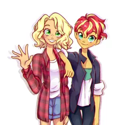 Size: 800x800 | Tagged: dead source, safe, artist:jumblehorse, applejack, sunset shimmer, equestria girls, alternate hairstyle, clothes, image, png, short hair, waving