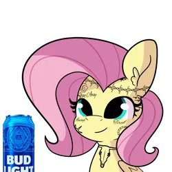 Size: 3000x3000 | Tagged: safe, artist:tjpones, derpibooru import, fluttershy, pegasus, pony, alcohol, beer, bud light, bust, cute, female, high res, image, mare, png, shyabetes, simple background, solo, tattoo, white background