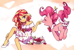 Size: 1083x738 | Tagged: safe, artist:jumblehorse, pinkie pie, sunset shimmer, equestria girls, boop, bowtie, cherry, clothes, dress, food, image, jpeg, shoes