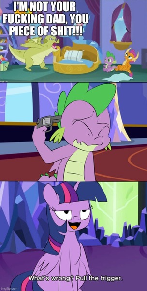 Size: 500x988 | Tagged: semi-grimdark, artist:emositecc, derpibooru import, editor:useraccount, sludge (dragon), smolder, spike, twilight sparkle, alicorn, dragon, pony, father knows beast, abuse, doraeman, eyes closed, female, funny, gun, handgun, image, implied suicide, jpeg, male, op was successful at being funny, reference, revolver, sad, spikeabuse, spikeposting, vulgar, weapon