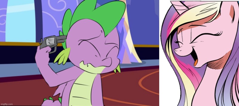 Size: 1120x500 | Tagged: semi-grimdark, artist:emositecc, derpibooru import, edit, princess cadance, spike, alicorn, dragon, pony, abuse, cadance laughs at your misery, exploitable meme, female, funny, gun, handgun, image, jpeg, laughing, male, meme, obligatory pony, revolver, spikeabuse, weapon