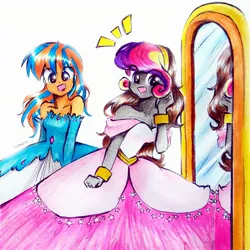 Size: 2634x2634 | Tagged: safe, artist:liaaqila, derpibooru import, princess cadance, oc, oc:cold front, oc:disty, equestria girls, bracelet, clothes, cosplay, costume, crossdressing, cute, dress, evening gloves, femboy, gay, gloves, gown, happy, image, jewelry, jpeg, long gloves, male, mirror, oc x oc, shipping, smiling, wholesome, wig