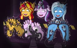 Size: 4000x2500 | Tagged: suggestive, artist:ticklespots, derpibooru import, starlight glimmer, sunset shimmer, trixie, anthro, plantigrade anthro, unicorn, bondage, bound, brush, crying, drone, feet, fetish, foot fetish, horn, horn ring, hornplay, image, imprisoned, jewelry, jpeg, laughing, magic suppression, pinwheel (toy), rehab, ring, s5 starlight, tears of laughter, tickle torture, tickling, tickling machine, toe tied, toes