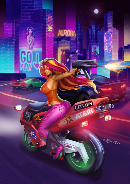 Size: 3535x5000 | Tagged: suggestive, artist:ladykraken, derpibooru import, rarity, sunset shimmer, tempest shadow, equestria girls, absurd resolution, action pose, advertisement, akira, atari, billboard, boobs and butt pose, boots, breasts, bunset shimmer, busty sunset shimmer, butt, car, choker, city, clothes, commission, commissioner:branagain, covering, covering breasts, cowboy boots, cutie mark, cutie mark accessory, cyberpunk, dimples of venus, gun, high heel boots, high heels, highway, hologram, image, jpeg, leotard, moon, motorcycle, neon, night, nuka cola, outdoors, panties, pants, road, sexy, shoes, shooting, sideboob, skyscraper, sticker, stupid sexy sunset shimmer, submachinegun, sunglasses, thong, thong leotard, underwear, weapon