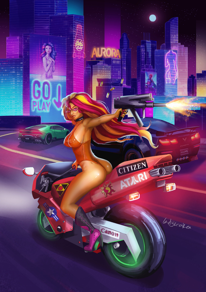 Size: 3535x5000 | Tagged: suggestive, alternate version, artist:ladykraken, derpibooru import, rarity, sunset shimmer, tempest shadow, equestria girls, absurd resolution, action pose, advertisement, akira, atari, billboard, boobs and butt pose, boots, breasts, bunset shimmer, busty sunset shimmer, butt, car, choker, city, clothes, commission, commissioner:branagain, covering, covering breasts, cowboy boots, cutie mark, cutie mark accessory, cyberpunk, dimples of venus, gun, high heel boots, high heels, highway, hologram, image, jpeg, leotard, moon, motorcycle, neon, night, nuka cola, outdoors, panties, road, sexy, shoes, shooting, sideboob, skyscraper, sticker, stupid sexy sunset shimmer, submachinegun, sunglasses, thong, thong leotard, underwear, weapon