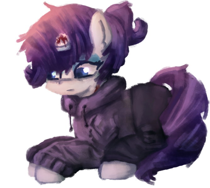 Size: 1839x1651 | Tagged: semi-grimdark, artist:menalia, derpibooru import, rarity, pony, unicorn, alternate hairstyle, blood, broken horn, clothes, female, hoodie, horn, image, lying, mare, pants, png, sad, simple background, sunlight, transparent background