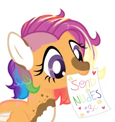 Size: 2168x2300 | Tagged: safe, artist:vizirka, derpibooru import, scootaloo, pegasus, pony, alternate hairstyle, commission, female, image, mare, markings, meme, mouth hold, older, older scootaloo, paper, png, redesign, scar, send nudes, simple background, solo, white background, ych result