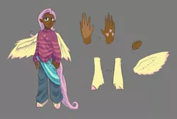 Size: 1864x1259 | Tagged: safe, artist:villainappie, derpibooru import, fluttershy, pegasus, satyr, alternative cutie mark placement, blackwashing, clothes, dark skin, gray background, hooves, image, jpeg, pants, sarong, satyrized, simple background, solo, sweater, sweatershy, wings