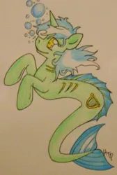 Size: 406x603 | Tagged: safe, artist:haterthepony, derpibooru import, lyra heartstrings, merpony, pony, sea pony, seapony (g4), unicorn, bubble, dorsal fin, female, fish tail, flowing mane, flowing tail, gills, horn, image, jpeg, looking up, seaponified, seapony lyra, simple background, smiling, solo, species swap, tail, white background, yellow eyes