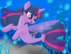 Size: 960x720 | Tagged: safe, artist:lightstar2001, derpibooru import, twilight sparkle, twilight sparkle (alicorn), alicorn, pony, seapony (g4), bioluminescent, bubble, deviantart watermark, dorsal fin, female, fin wings, fish tail, flowing mane, flowing tail, horn, image, jpeg, obtrusive watermark, ocean, open mouth, purple eyes, seaponified, seapony twilight, seaweed, smiling, solo, species swap, tail, underwater, water, watermark, wings