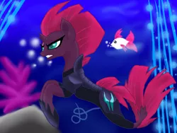 Size: 960x720 | Tagged: safe, artist:lightstar2001, derpibooru import, tempest shadow, fish, pony, seapony (g4), unicorn, bubble, clothes, coral, deviantart watermark, dorsal fin, female, fish tail, flowing tail, green eyes, hoof shoes, image, jpeg, obtrusive watermark, ocean, red mane, rock, seaponified, seapony tempest shadow, signature, solo, species swap, swimming, tail, teeth, underwater, water, watermark