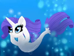 Size: 960x720 | Tagged: safe, artist:lightstar2001, derpibooru import, rarity, pony, seapony (g4), unicorn, bioluminescent, blue eyes, blue mane, bubble, colored pupils, deviantart watermark, dorsal fin, eyelashes, female, fish tail, flowing mane, flowing tail, horn, image, jpeg, obtrusive watermark, ocean, seaponified, seapony rarity, seaweed, signature, smiling, solo, species swap, swimming, tail, underwater, water, watermark
