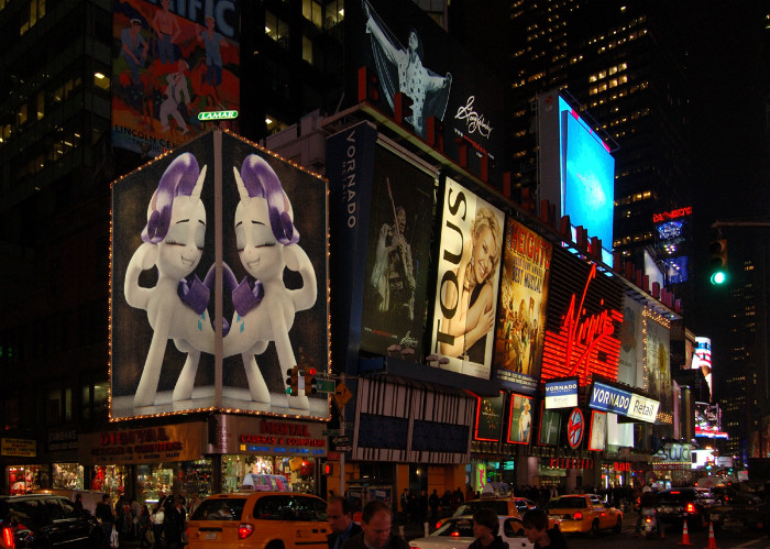 Size: 700x499 | Tagged: safe, derpibooru import, edit, rarity, pony, unicorn, actress, billboard, fabulous, famous, female, image, irl, link in description, mare, new york city, photo, photofunia, png, times square