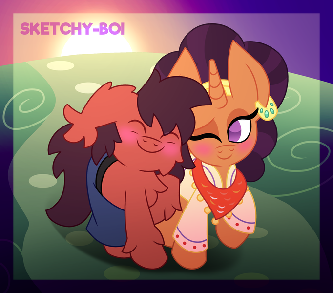 Size: 2500x2200 | Tagged: safe, artist:snakeythingy, derpibooru import, saffron masala, oc, oc:sketchy dupe, canon x oc, image, nuzzling, png, sketchffron, story included, sunset