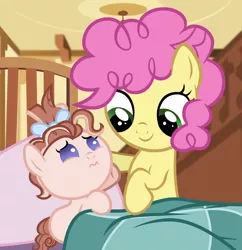 Size: 1600x1650 | Tagged: safe, artist:magicstarshine12, derpibooru import, li'l cheese, pony, the last problem, baby, baby pony, bed, big brother, blanket, colt, duo, female, filly, image, jpeg, male, offspring, parent:cheese sandwich, parent:pinkie pie, parents:cheesepie, smiling