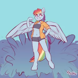 Size: 4048x4048 | Tagged: safe, artist:scribleydoodles, derpibooru import, rainbow dash, anthro, pegasus, unguligrade anthro, abs, belly button, blue background, clothes, ear piercing, earring, female, grin, image, jewelry, muscles, piercing, png, shirt, shorts, simple background, smiling, solo, sports bra, sports shorts, summer, water