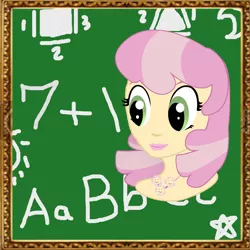 Size: 1920x1920 | Tagged: safe, artist:sarastudly, derpibooru import, cheerilee, human, alternative cutie mark placement, bust, chalkboard, eyelashes, female, humanized, image, jpeg, smiling, solo