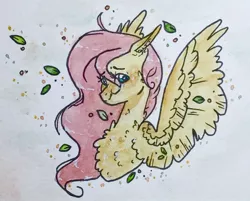 Size: 1096x881 | Tagged: safe, artist:valiaanimation, derpibooru import, fluttershy, pegasus, pony, bust, chest fluff, cute, ear fluff, female, image, jpeg, leaf, mare, portrait, shyabetes, solo, spread wings, traditional art, watercolor painting, wings