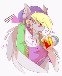 Size: 1280x1565 | Tagged: safe, artist:erroring, artist:voreburger, derpibooru import, derpy hooves, pegasus, semi-anthro, bandaid, chest fluff, chicken meat, chicken nugget, clothes, drink, drinking straw, ear piercing, earring, evil grin, female, food, french fries, grin, hoodie, hoof hold, image, jewelry, jpeg, mcdonald's, meat, messy, messy eating, piercing, smiling, tongue out