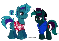 Size: 2350x1632 | Tagged: safe, artist:renhorse, derpibooru import, oc, unofficial characters only, pony, unicorn, clothes, female, hawaiian shirt, hoodie, image, male, mare, png, shirt, simple background, stallion, transparent background