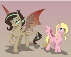 Size: 1997x1600 | Tagged: safe, artist:joan-grace, derpibooru import, oc, oc:lily, oc:mirage, unofficial characters only, bat pony, hybrid, pegasus, pony, bat pony oc, bat wings, female, image, interspecies offspring, mare, offspring, parent:discord, parent:fluttershy, parents:discoshy, pegasus oc, png, raised hoof, smiling, story included, wings