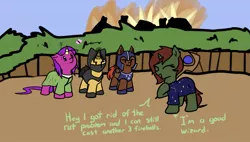 Size: 1717x973 | Tagged: safe, artist:neuro, derpibooru import, oc, oc:armored blade, oc:zack whitefang, unofficial characters only, bat pony, butterfly, insect, pony, unicorn, armor, bag, clothes, dialogue, eyes closed, female, fire, flower, flower in hair, helmet, hood, hoof on chest, hoof shoes, horn, image, jpeg, magic, magic staff, male, mare, mask, no sense of right and wrong, open mouth, saddle bag, stallion, unamused, wizard