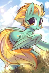 Size: 2020x3000 | Tagged: safe, artist:mirroredsea, derpibooru import, lightning dust, pegasus, pony, butt, cloud, cute, dustabetes, female, g4, grass, high res, image, jpeg, looking at you, mare, plot, sky, smiling, solo, spread wings, sun, tail, transparent tail, transparent wings, wings