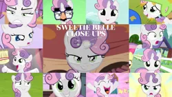 Size: 1280x721 | Tagged: safe, artist:quoterific, derpibooru import, edit, edited screencap, screencap, apple bloom, fluttershy, sweetie belle, pegasus, pony, unicorn, bloom and gloom, one bad apple, stare master, twilight time, apple bloom's bow, bipedal, bow, broom, close-up, cute, diasweetes, duo, duo female, female, filly, glasses, hair bow, helmet, image, offscreen character, open mouth, png, shocked, solo, sweetie belle is not amused, unamused