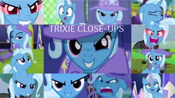 Size: 1280x722 | Tagged: safe, derpibooru import, edit, edited screencap, editor:quoterific, screencap, trixie, pony, unicorn, a horse shoe-in, all bottled up, boast busters, magic duel, road to friendship, angry, cape, clothes, evil grin, female, glowing horn, grin, hat, horn, image, magic, magic aura, png, sad, smiling, solo, surprised, trixie's cape, trixie's hat