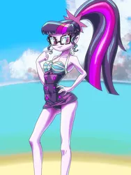 Size: 1668x2224 | Tagged: safe, artist:xjleiu, derpibooru import, sci-twi, twilight sparkle, equestria girls, equestria girls series, beach, breasts, cleavage, clothes, glasses, hand on hip, image, one-piece swimsuit, png, ponytail, sci-twi swimsuit, solo, swimsuit