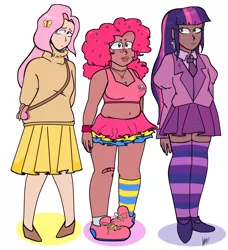 Size: 2928x3216 | Tagged: safe, artist:anonymouscat14, derpibooru import, fluttershy, pinkie pie, twilight sparkle, human, alternate hairstyle, bag, bandaid, belly button, blackwashing, bra, breasts, clothes, dark skin, ear piercing, earring, female, flats, humanized, image, jewelry, midriff, mismatched socks, necklace, necktie, piercing, png, shirt, shoes, simple background, skirt, sneakers, socks, sports bra, striped socks, sweater, sweatershy, trio, underwear, white background