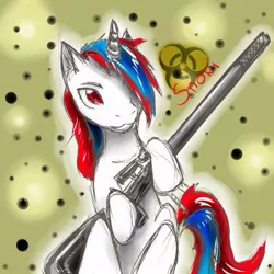 Size: 361x361 | Tagged: safe, artist:xsadi, derpibooru import, oc, oc:snowi, pony, unicorn, fallout equestria, fallout equestria: project horizons, biohazard, biohazard sign, blue hair, fallout, fanfic art, female, horn, image, jpeg, looking at you, mare, post-apocalyptic, red and blue, red eyes, red hair, weapon, white pony