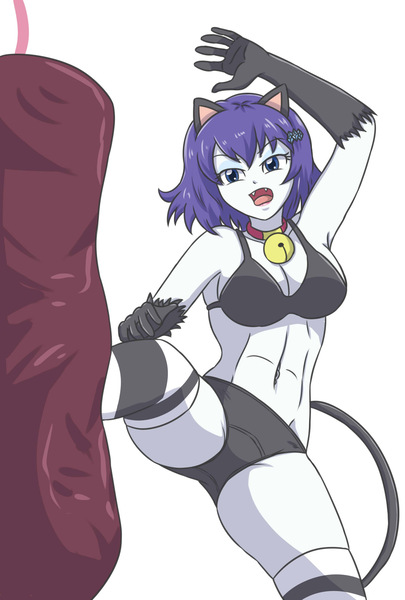 Size: 1636x2422 | Tagged: suggestive, artist:sumin6301, derpibooru import, rarity, cat, equestria girls, alternate hairstyle, bell, bell collar, belly button, bellyring, bra, breasts, busty rarity, cat bell, cat ears, cat tail, catgirl, clothes, collar, fangs, gloves, image, jpeg, kicking, long gloves, open mouth, panties, piercing, raricat, sandbag, socks, thigh highs, underwear