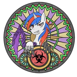 Size: 628x628 | Tagged: safe, artist:xsadi, derpibooru import, oc, oc:snowi, pony, unicorn, fallout equestria, biohazard, biohazard sign, blue hair, claws, fallout, female, glass, horn, image, insect scyhe, looking at you, mare, mutant, mutation, png, post-apocalyptic, red and blue, red eyes, red hair, scythe, sharp teeth, stained glass, teeth, wasteland, white pony, window