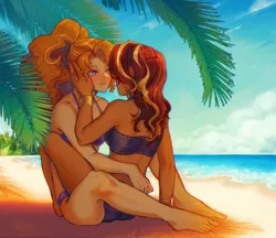 Size: 2200x1900 | Tagged: safe, artist:stummm, derpibooru import, adagio dazzle, sunset shimmer, equestria girls, bare shoulders, barefoot, beach, blushing, bracelet, clothes, duo, feet, female, high res, hug, image, jewelry, jpeg, lesbian, looking at each other, ocean, palm tree, shipping, smiling, sunsagio, swimsuit, tree