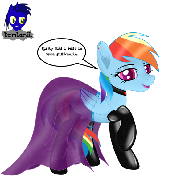 Size: 3840x3840 | Tagged: safe, alternate version, artist:damlanil, derpibooru import, rainbow dash, pegasus, pony, clothes, collar, comic, cute, dashabetes, dress, ear piercing, eyeshadow, female, happy, image, latex, latex socks, looking at you, makeup, mare, open mouth, piercing, png, rainbow dash always dresses in style, raised hoof, rubber, shine, shiny mane, simple background, socks, solo, talking to viewer, text, transparent background, vector, wings