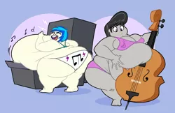 Size: 2194x1419 | Tagged: suggestive, artist:solitaryscribbles, derpibooru import, octavia melody, vinyl scratch, equestria girls, belly, big belly, breasts, butt, cello, fat, fat boobs, fatavia, huge belly, image, impossibly large belly, morbidly obese, musical instrument, obese, png, vinyl ass, vinyl fat