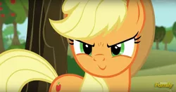 Size: 1246x654 | Tagged: safe, derpibooru import, edit, edited screencap, editor:horsesplease, screencap, applejack, no second prances, >:), adorabolical, cute, evil grin, grin, happy, image, inverted mouth, png, smiling, this will end in apples, this will end in pain