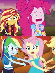 Size: 1717x2289 | Tagged: safe, derpibooru import, applejack, fluttershy, pinkie pie, rainbow dash, sunset shimmer, equestria girls, equestria girls series, sunset's backstage pass!, spoiler:eqg series (season 2), abuse, angry, calm down, crying, flutterrage, furious, gun, handgun, image, jpeg, pinkie cry, pinkiebuse, pistol, rage, weapon