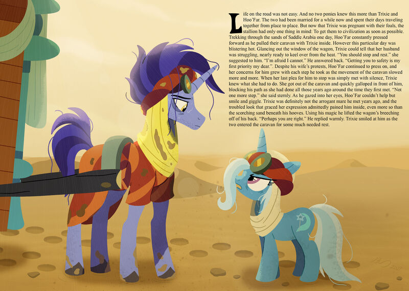 Size: 1920x1367 | Tagged: safe, artist:heavysplatter, derpibooru import, hoo'far, trixie, pony, saddle arabian, unicorn, desert, female, five o'clock shadow, image, jpeg, male, mare, shipping, stallion, story included, straight, stubble, text, trixfar, trixie's wagon