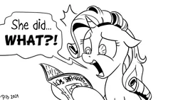 Size: 1200x675 | Tagged: safe, artist:pony-berserker, derpibooru import, rarity, chris chan, foal free press, image, monochrome, newspaper, png, pony-berserker's twitter sketches, the implications are horrible