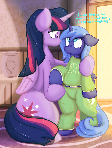 Size: 1630x2160 | Tagged: safe, artist:not_texmex, derpibooru import, princess luna, twilight sparkle, twilight sparkle (alicorn), alicorn, pony, age regression, best filly, clothes, cute, derpibooru exclusive, dialogue, female, filly, filly luna, hug, image, lunabetes, pajamas, png, woona, younger