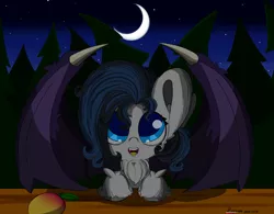 Size: 3200x2500 | Tagged: safe, artist:hisp, derpibooru import, oc, oc:eventide mist, unofficial characters only, bat pony, bat wings, cute, female, fluffy, food, forest, forest background, image, jpeg, mango, moon, night, smiling, tree, wings