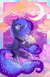 Size: 1324x2048 | Tagged: safe, artist:sophillia, derpibooru import, princess luna, alicorn, pony, cloud, crescent moon, ethereal mane, female, heart, image, jpeg, looking at something, mare, moon, print, solo, starry eyes, starry mane, stars, wingding eyes