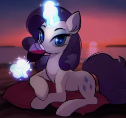 Size: 2048x1912 | Tagged: safe, artist:draw__3, derpibooru import, rarity, pony, unicorn, alcohol, beach, cushion, female, glass, image, jpeg, looking at you, lying down, magic, mare, prone, solo, starry eyes, sunset, telekinesis, wine, wine glass, wingding eyes