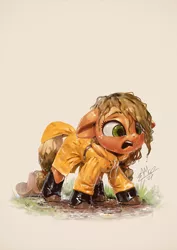 Size: 850x1200 | Tagged: safe, artist:assasinmonkey, derpibooru import, applejack, earth pony, pony, adorable distress, cute, galoshes, image, jackabetes, mud, open mouth, png, raincoat