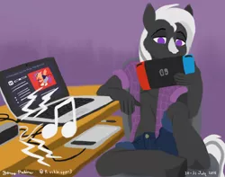 Size: 1024x805 | Tagged: safe, artist:rockhoppr3, derpibooru import, scootaloo, oc, oc:ace hearts, anthro, earth pony, clothes, computer, desk, drawing tablet, image, jpeg, laptop computer, lineless, nintendo switch, solo, speaker, unshorn fetlocks