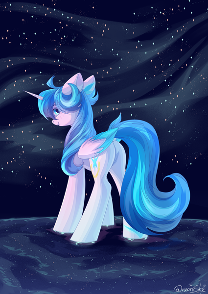 Size: 3000x4237 | Tagged: safe, artist:neonishe, derpibooru import, oc, oc:neon star, unofficial characters only, alicorn, pony, alicorn oc, colored wings, cute, female, horn, image, looking back, mare, png, solo, stars, wings